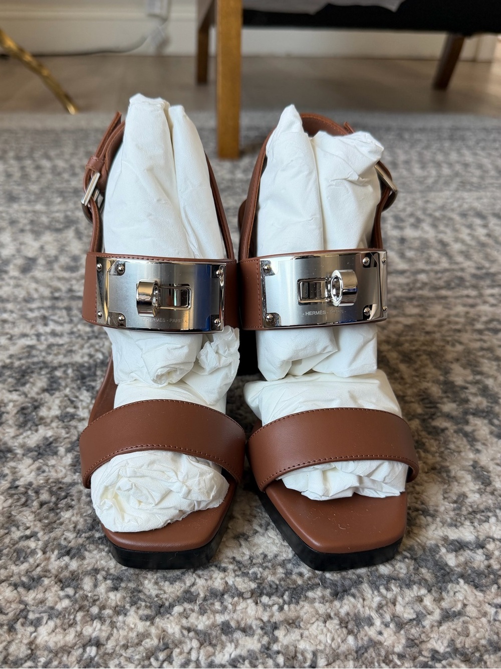 Hermès Silver Kelly Buckle Leather Platform Sandals